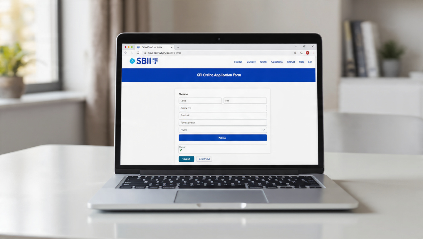 “a laptop on a clean desk showing SBI online application form on screen, blue & white SBI theme, modern office background, soft natural light, top text in Hindi ‘स्टेट बैंक ऑफ़ इंडिया – ऑनलाइन एप्लीकेशन’, ultra realistic, HD”